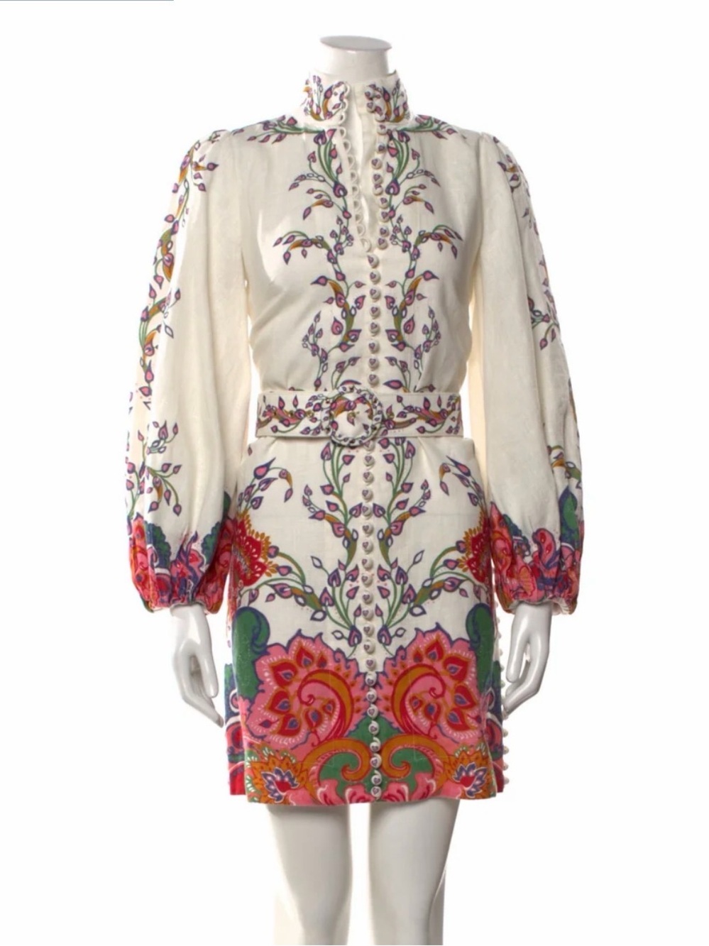 Zimmermann White Embroidered Paisley Mini Dress with Pink & Green Accents